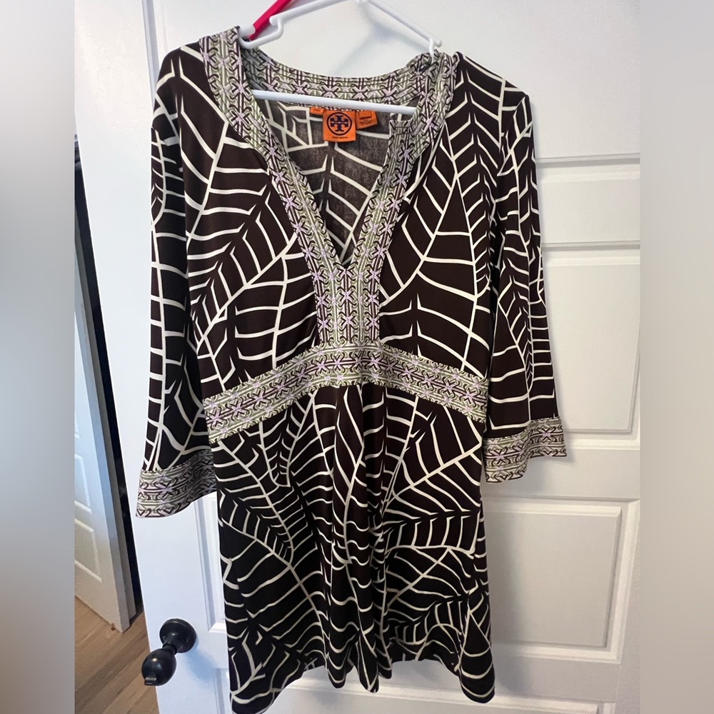Tory Burch Graphic Embellished Brown and White Tunic